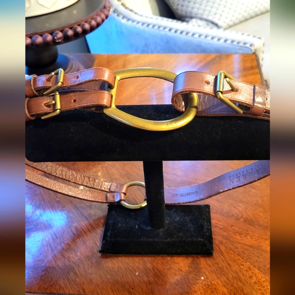 Ralph Lauren Brown Leather Belt with Gold Buckle Western Designer